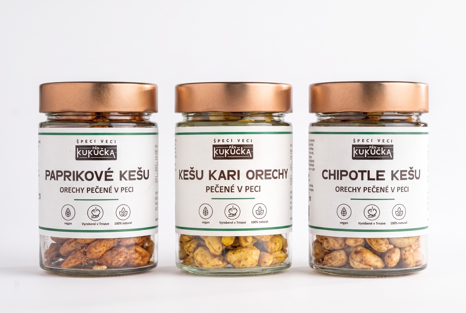 Výhodný balíček 3× kešu Pán Kukučka,paprikové,kari a chipotle poháre vedľa seba